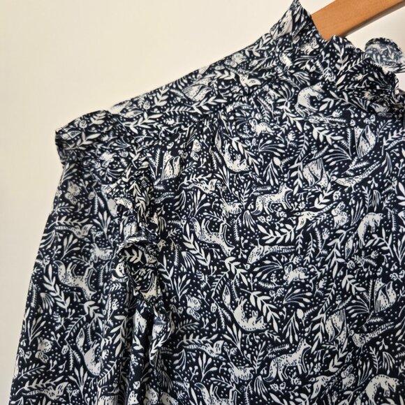 Lauren Conrad Button Front Blouse Ruffle Collar Fox Rabbits Forest Print Size L - Picture 3 of 9